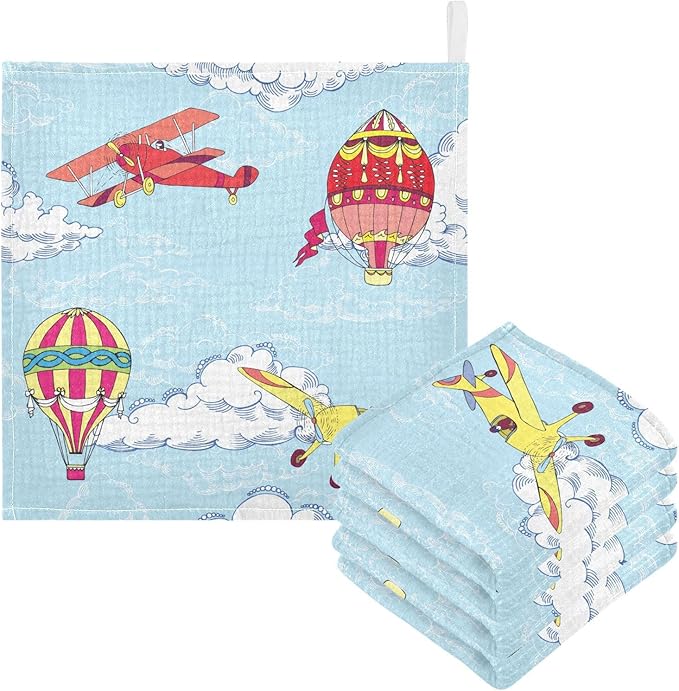 vvfelixl Hot Air Balloons Airplanes Baby Burp Cloths Baby Muslin Washcloths for Boys Girls Cotton Baby Face Towel for Newborn Infants Soft and Absorbent 11.8 X 11.8 in, 5 Pack