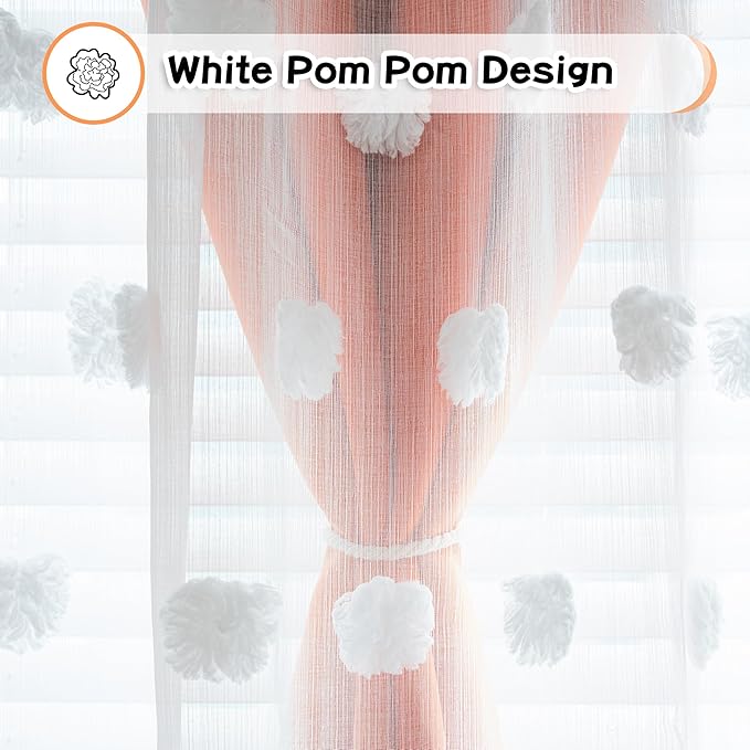 MYSKY HOME Orange Curtains 95 Inches Long for Living Room White Pom Pom Sheer Double Layer Curtains for Kids Rooms Nursery Curtains for Toddler Bedroom Grommet Room Darkening Window Panels 52" X 95"