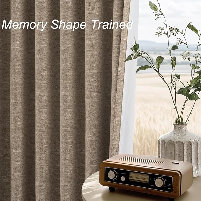 Topfinel Linen Blackout Curtains 96 Inch Long, Light Blocking Rustic Neutral Thermal Insulated Brown Natural Linen Cabin Back Tab Viral Drapery Drapes with Hooks Rings 2 Panel Sets, Brown Tan 8 FT
