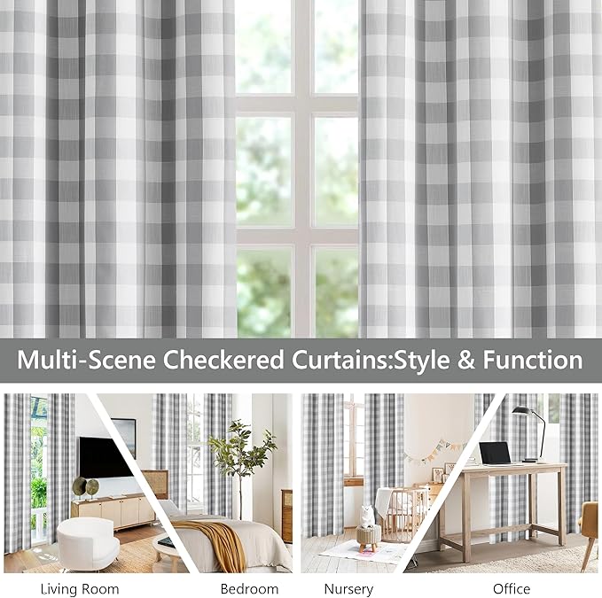 Amzdecor Buffalo Plaid Check Full Blackout Curtains Woven Checkered GEO Thermal Insulated Energy Efficient Drapes Grommet 2 Layers Window Treatment for Bedroom Living Room,2 Panels,52"x63",Gray White