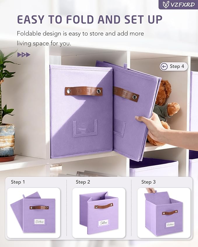 10.5 Inch Storage Cubes with Labels, 6-Pack Non-Woven Fabric Bins with Handles, Foldable Organizer for Closet, Shelf, Bedroom, Nursery & Home Organization (Purple)