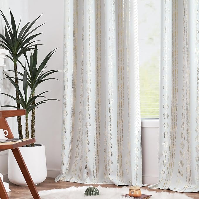 jinchan 95% Blackout Boho Curtains 108 Inches Long for Bedroom Living Room Golden Geometric Foil Printed Curtain Grommet Top Room Darkening Drapes Off White 52 x 108 2 Panels