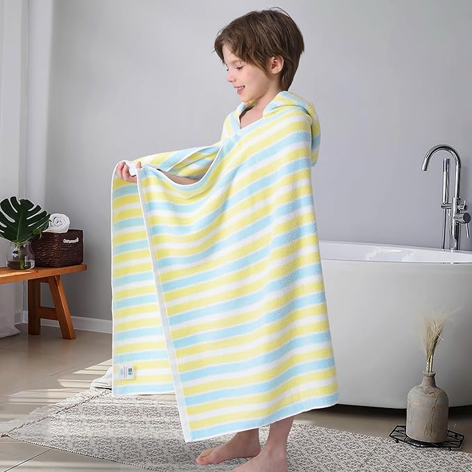 VOOVA & MOVAS Toddler Towels for Boys - 100% Cotton (3-10Years) - Quick Dry Absorbent Lightweigh Hooded Wrap Towel for Pool | Swim | Beach | Bath, Yellow Blue Stripe