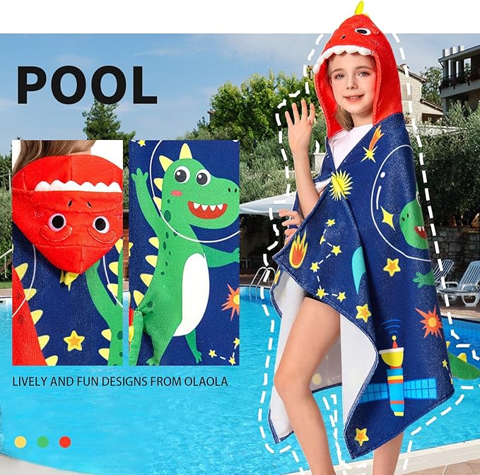 OLAOLA Space Dinosaur Hooded Towel for Kids 3-12 Years, Soft Thick Absorbent Beach Towels, Toddler Bath Towel Wrap 28" x 53", Swim Pool Towels Poncho for Boys Girls