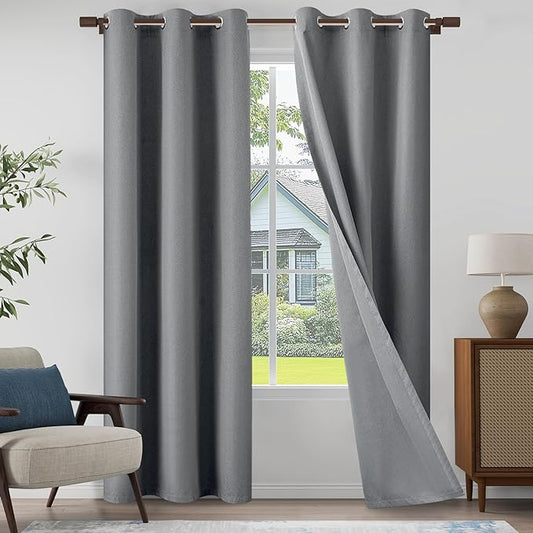 100% Blackout Linen Textured Curtains 84 Inch Length 2 Panels Set for Living Room, Bedroom, Light Weight Curtains with Grommets Top, Full Blackout Curtains Privacy Protection, Gray, 37" W x 84" L