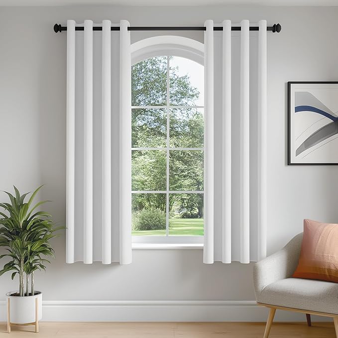 FMFUNCTEX 100% White Blackout Curtains for Bedroom, White Weave Textured Curtains 54 Inch Length Thermal Insulated Curtain for Living Room, Black Out Drapery Grommet Room Darkening 2 Panels