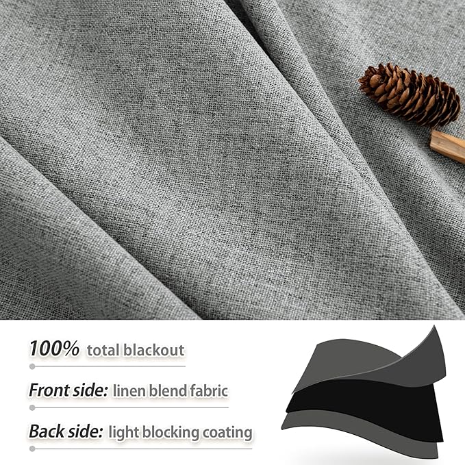 100% Blackout Curtains for Bedroom, Pair of Energy Smart & Noise Blocking Out Full Shade Curtain Panels, Thermal Insulated Guest Room Rod Pocket Window Dressing(Grey, 52 x 90 inch)