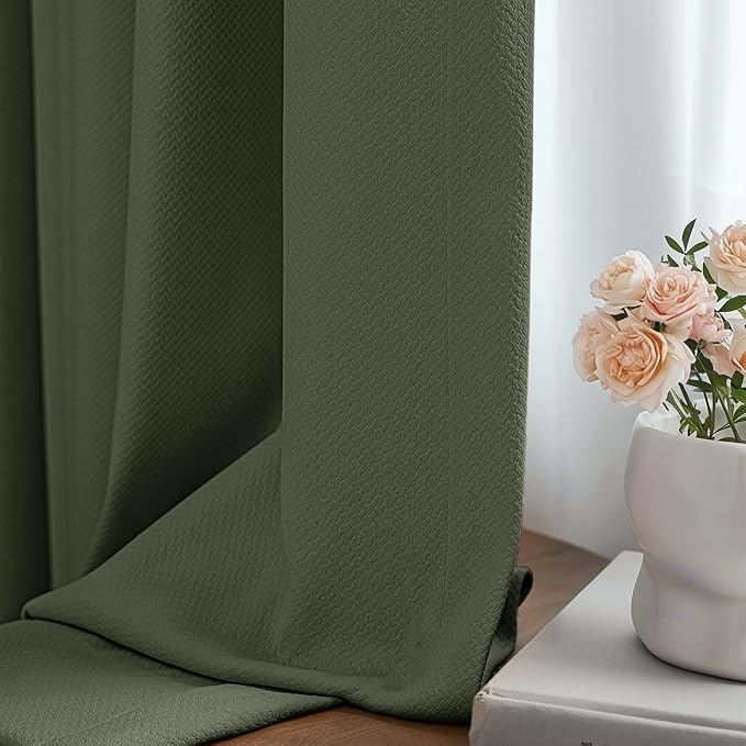 FMFUNCTEX 100% Blackout Curtains for Bedroom, Olive Green Curtains 90 Inches Long Textured Thermal Insulated Curtains for Living Room Drapes, Black Out Drapery Grommet Room Darkening 2 Panels