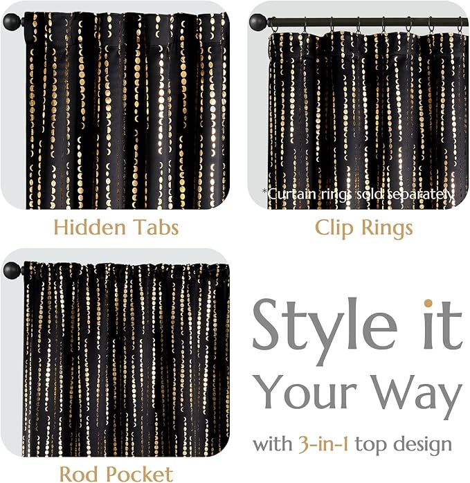 jinchan 95% Blackout Curtains 84 Inch Long for Bedroom Boho Curtains Moon Phases Printed Golden on Black Drapes Rod Pocket Back Tab Darkening Retro Bedroom Pattern Curtains 2 Panels