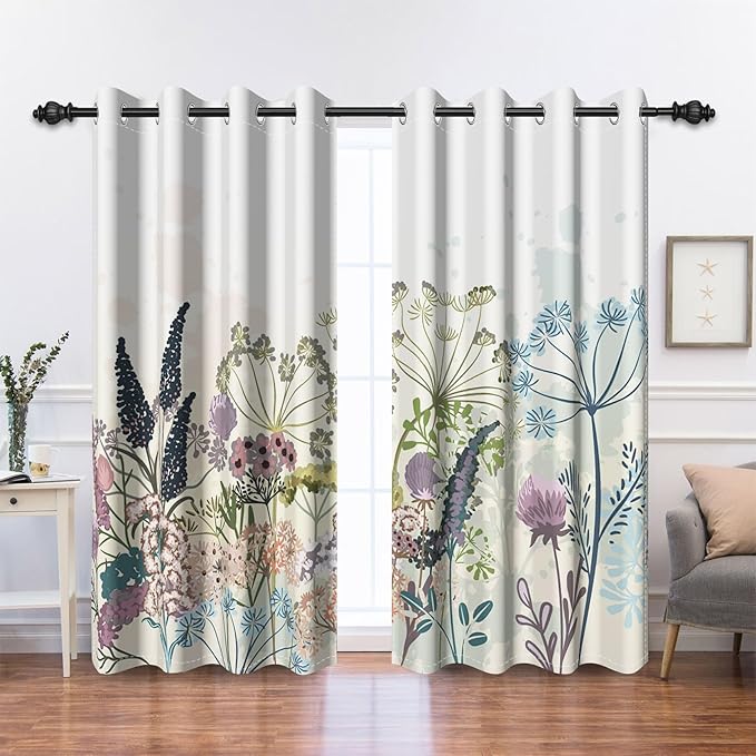 Renaiss Wildflowers Blackout Curtains Vintage Botanical Floral Plant Thermal Insulated Window Drapes for Bedroom 53W x 84L inches 2 Panel Set Window Curtain Panels for Living Room