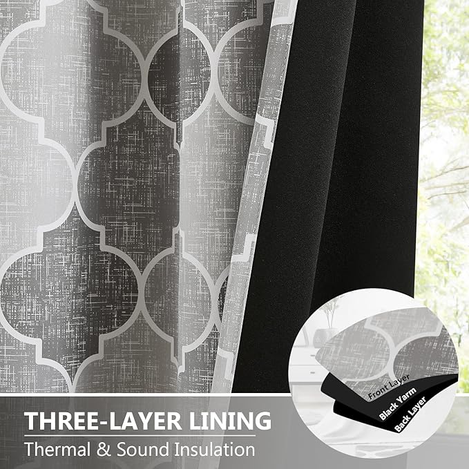 Geometric Curtains for Bedroom Gray Trellis Moroccan Pattern Drapes Full Blackout 90 Inch Length Room Darkening Thermal Insulated Noise Reducing Window Treatments Sets, 2 Panels