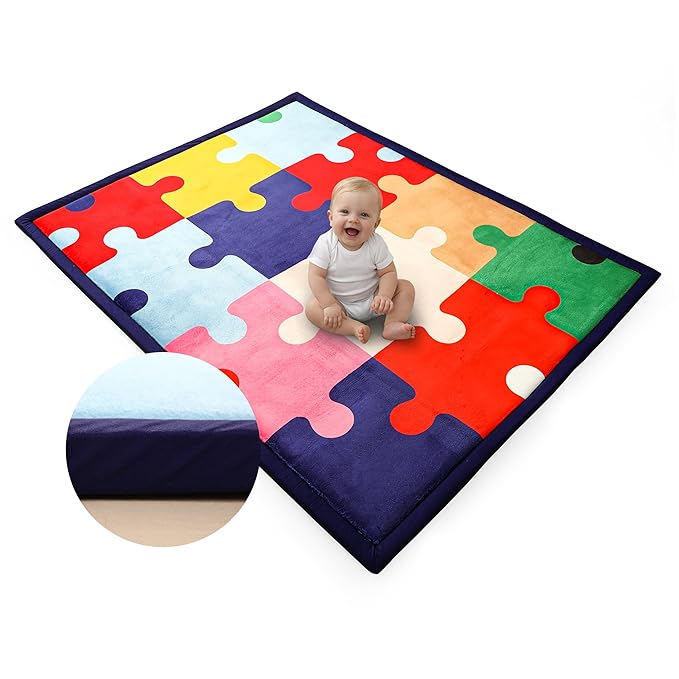 Puzzle Baby PlayMat Rug Extra Thick 3.5CM | Cloudsoft Coral Velvet Crawl Memory Foam Floor Mat | Anti-Spill | Anti-Slip | Toddlers Infants Kids Children | 60"x80" | Tummy Time | Padded Yoga Rug