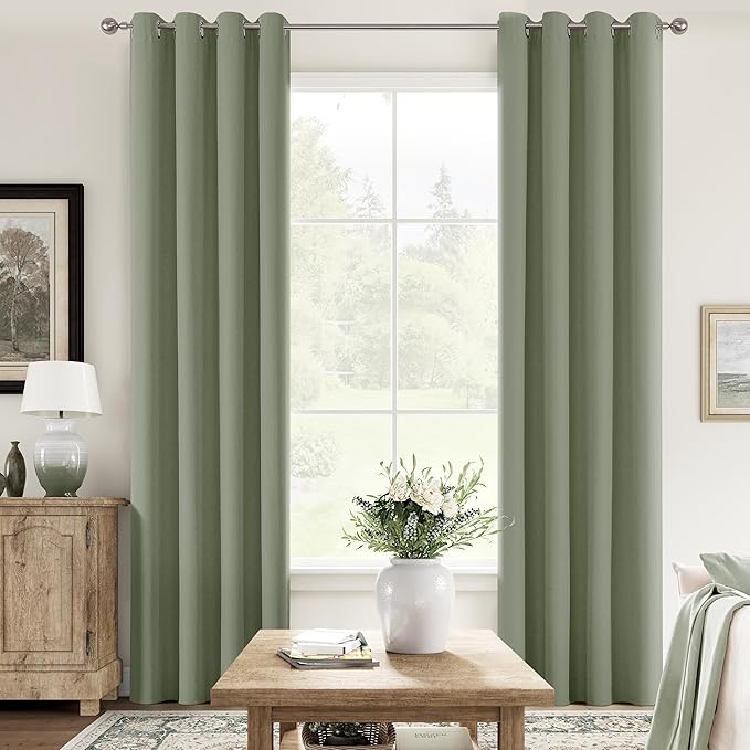 ChrisDowa 100% Blackout sage Solid Curtains 90 Inches Long 2 Panels for Bedroom Living Room,Farmhouse Room Darkening Thermal Insulated Soundproof Grommet Top Window Treatment Drapes,52x90