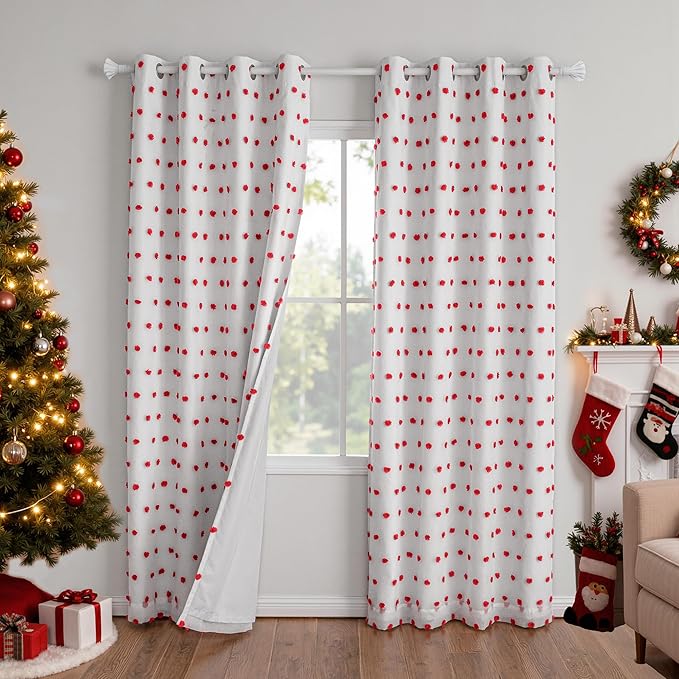 MYSKY HOME Blackout Curtains for Nursery Thermal Insulated Red Pom Pom Curtains 72 Inch Long for Girls Bedroom 2 Panels White Sheer Curtains for Dining Room Door Grommet, 52 x 72 in