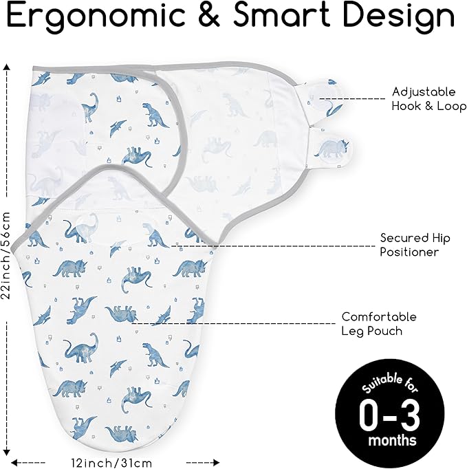 Baby Swaddles for Newborn Organic Cotton,Soft & Snug Newborn Velcro Swaddle 0-3 Months Sleep Sack Helps Calm Startle Reflex, 2-Pack Wrap Nursery Swaddling Blankets Blue Dinosaur