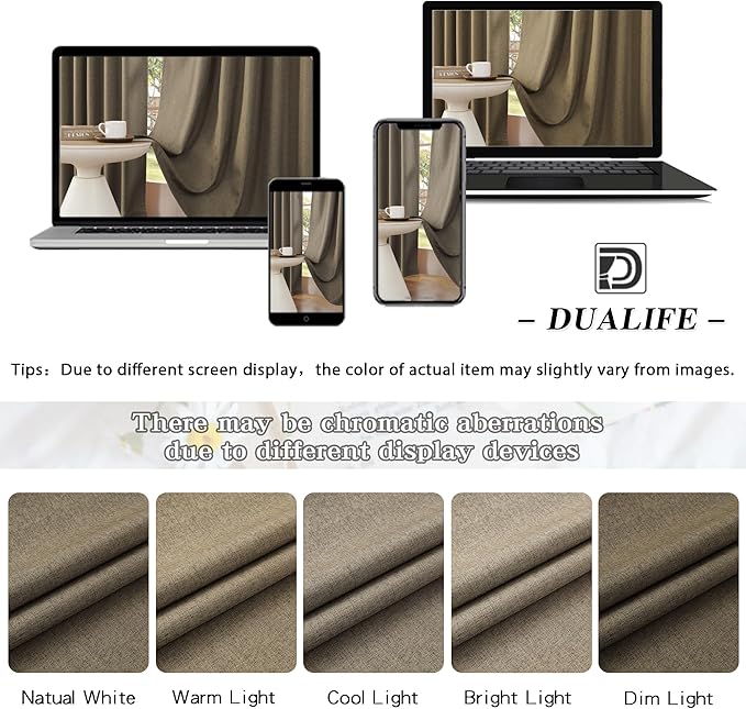 DUALIFE Brown Linen Curtains 90 Inches Long?100% Black Out Thermal Insulated Canvas Look Curtain Drapes for Bedroom Back Tab and Rod Pocket Curtain Panels for Living Room?W50 x L90 Inch?1Pair