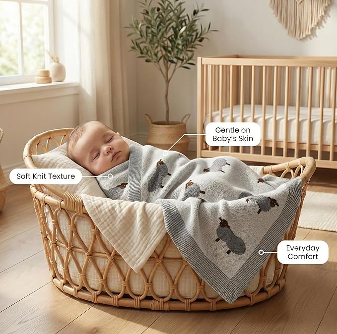 Luxury Cotton Knit Swaddle Baby Blanket - Soft Cozy Lightweight Unisex Receiving Swaddler Stroller Quilt Blanket for Shower Gift Registry for Newborns Infants Toddlers (Sheep - Ivory)