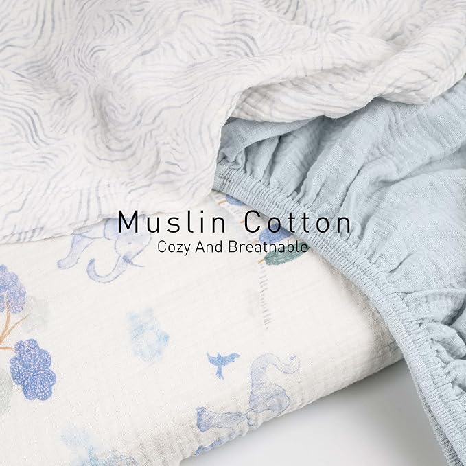 Gllquen Baby Muslin Bassinet Sheets 3 Pack, Breathable Elastic Cozy Fitted Cotton Bassinet Mattress Sheet for Baby Boy Girls, Fit for Hourglass Oval Rectangular Cradle Pad Sheets 33"x17" (Light Blue)