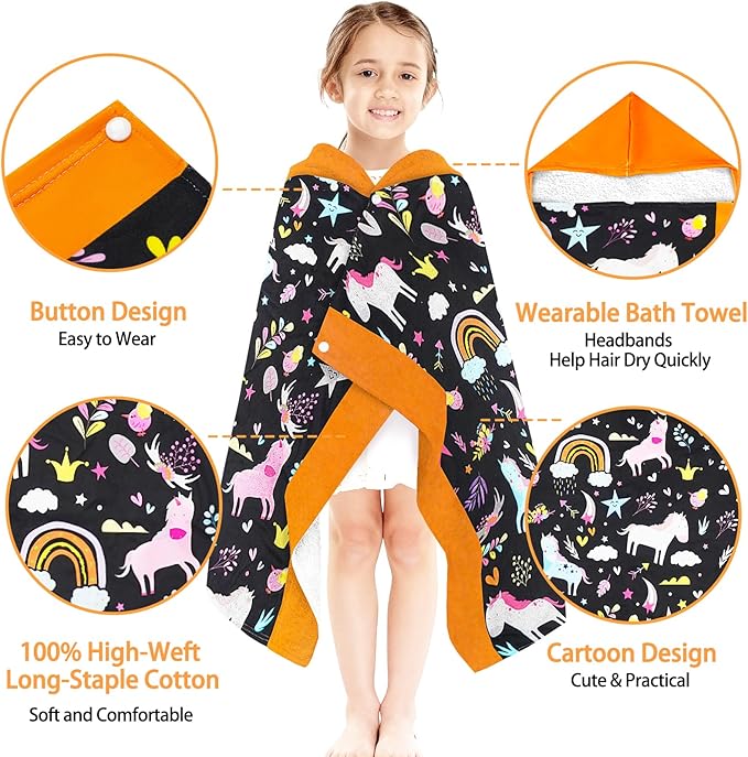 Hooded Poncho Towels for Kids 3-10 Years-Soft Thick Cotton Floral Unicorn Toddler Hood Bath Towels/Pool Terry Towel Beach Wrap Absorbent Cute Bath & Swim Wrap Gift for Boys & Girls-Black