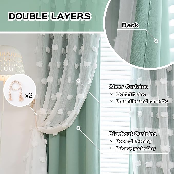 MYSKY HOME Aqua Living Room Curtains Kids Curtains for Boys Bedroom 84 Inches Long Double Layer Curtains for Kids Room Darkening Grommet White Pom Pom Sheer Blackout Curtains 52 x 84 Inch 2 Panels