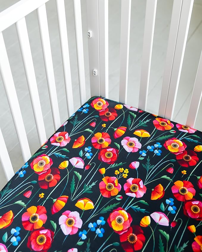 Jade&Kai 2-Pack Fitted Crib Sheets | Gently Made for Sensitive Skin | Premium Soft and Stretchy Viscose | Designed by Mamas (Pretty Poppies & Naptime N' Noodles)
