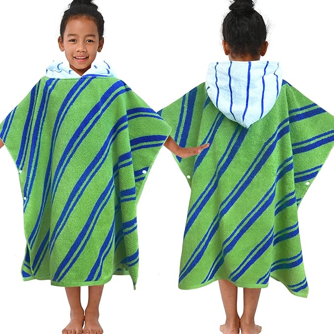 VOOVA & MOVAS Kids Hooded Poncho Towels (4-8Years,27.5"x27.5"),100% Cotton Soft Absorbent Towel for Boys,Perfect for Bathroom | Pool | Beach | Swimming, Jacquard Green Stripe