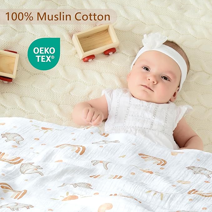 3-Pack 100% Cotton Muslin Swaddle Blankets, Large 47 x 47 Inches — Breathable Soft Receiving Blankets for Newborns, Swaddling Wraps, Registry Gift (Sunny Elephant Theme)