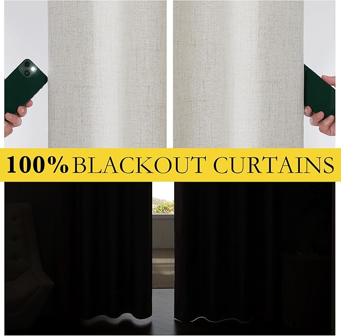 NICETOWN Snowbound Vintage Linen 100% Blackout Curtains, 2 Panels Set, 52 x 80 Inches, Rod Pocket Style, Thermal Insulated Room Darkening Drapes for Living Room, Bedroom, Modern Farmhouse Decor