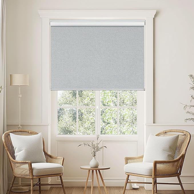 ChrisDowa Cordless 100% Blackout Roller Shade, with Striped Jacquard, Thermal Insulated, UV Protection Fabric, Total Blackout Blinds for Window, French Doors, Home and Office. Light Grey, 37"W x 72"H