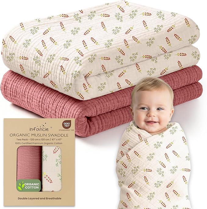 100% Organic Cotton Muslin Baby Blanket - 47x47 Inch Breathable Swaddle, Hypoallergenic Double-Layer, Versatile Use (Pink Floral, 47x47 Inch)