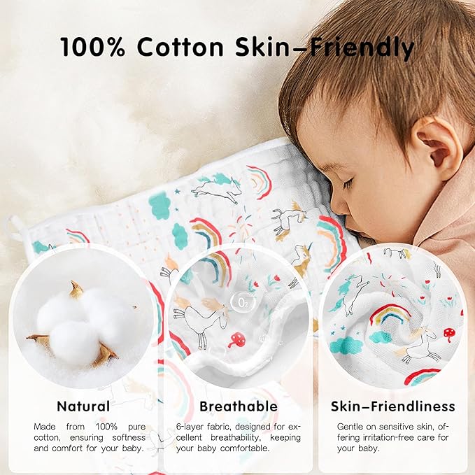 THSAM Muslin Burp Cloths 100% Cotton 20''x10'' Hand Washcloths for Baby, Super Soft and Absorbent 6 Layers Baby Burping Cloth for Boys Girls (Rainbow & Animals, 6 Pack)