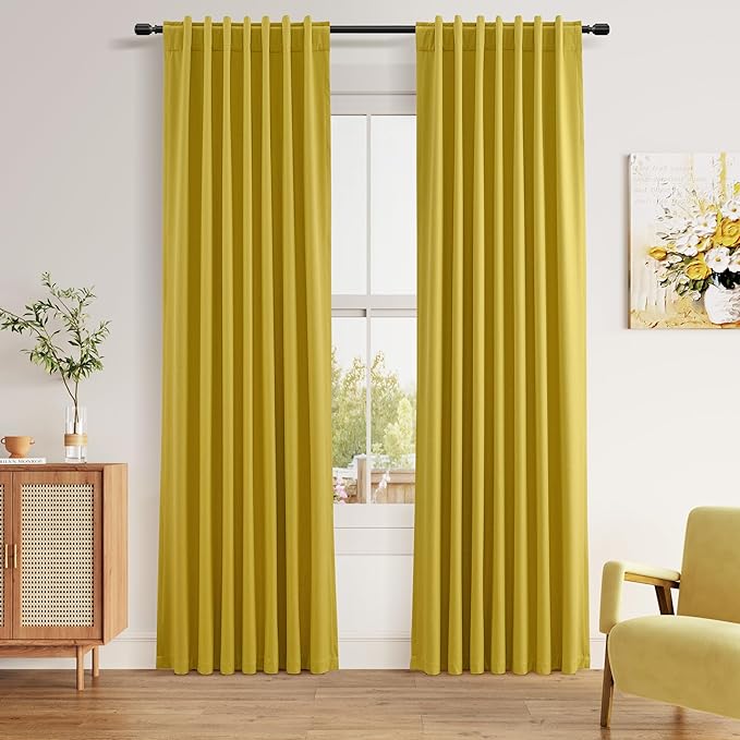 Guken 100% Blackout Curtains 84 Inch Length 2 Panels Set for Living Room Bedroom Back Tab Thermal Insulated Black Out Linen Drapes Room Darkening Celery Yellow,52x84