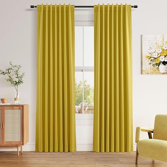 Guken 100% Blackout Curtains 84 Inch Length 2 Panels Set for Living Room Bedroom Back Tab Thermal Insulated Black Out Linen Drapes Room Darkening Celery Yellow,52x84