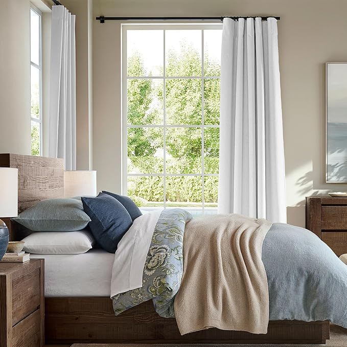 RYB HOME 100% Blackout Flax Linen Curtains 108 Inches Long, Bedroom & Living Room UV Protection Drapes, Rod Pocket & Back Tab, Set of 2, W52 x L108, Greyish White