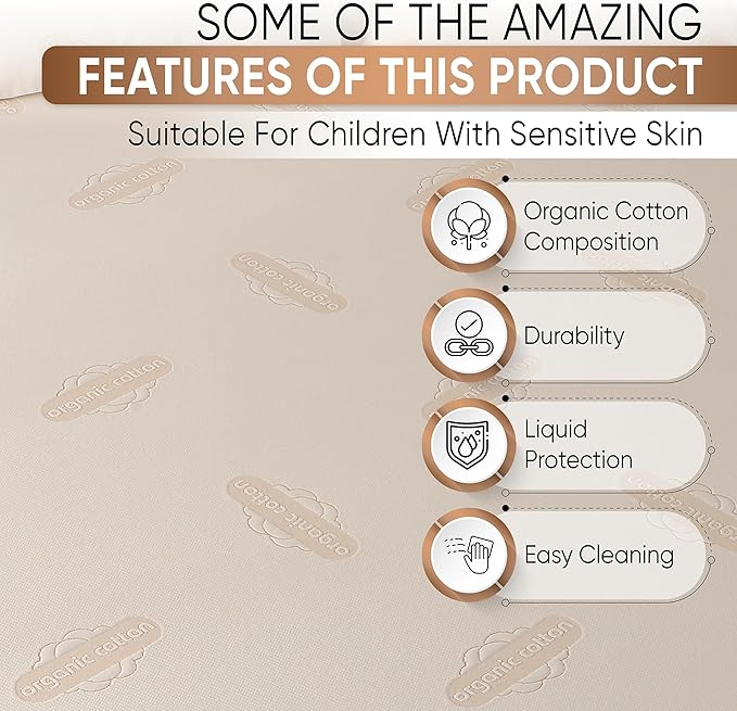 Waterproof Organic Mattress Protector Twin Size – Soft Organic Cotton Top – Noiseless & Breathable 250 GSM Pad Cover – Deep Pocket Fitted Design
