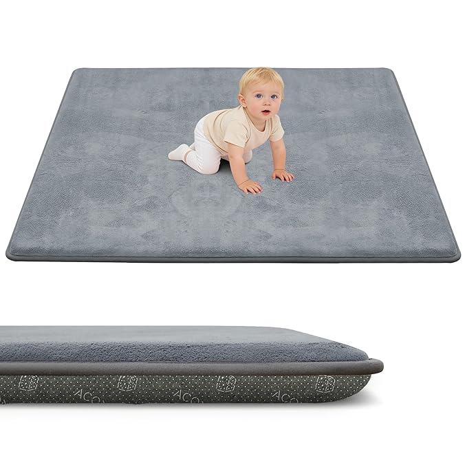 ACOMOPACK 1.3" Thick Baby Play Mat for Floor 59x71-Large Water-Repellent&Non-Slip Memory Foam Mat for Kids,Toddlers,Soft Velvet Nursery Rug for Tummy Time&Crawling,Yoga,Tatami Style(Grey)