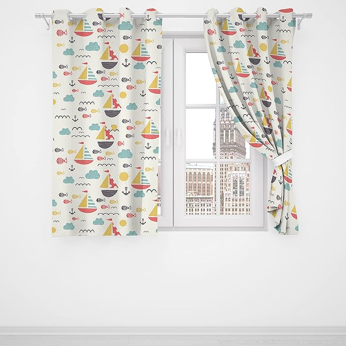 Kids Blackout Curtains ，Grommet Thermal Insulated Room Darkening Printed Cute Sailor Cartoon Sailboat Nursery and Kids Bedroom Curtains 42x63inch(107x160cm), White-style7
