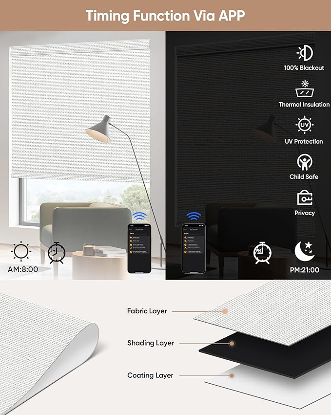 Kincmo Motorized Blinds with Remote,100% Blackout Motorized Roller Shades Work with Apple Homekit,Alexa,Google, Custom Electric Blinds with App,Voice Control (Dreamy White)