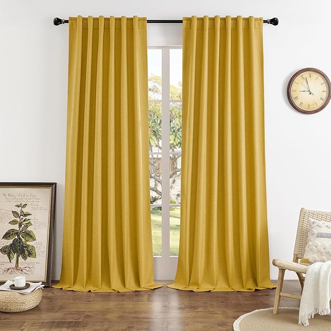 DUALIFE Gold Linen Blackout Curtains 120 Inch Length 2 Panels Set Burg Extra Long 10 Ft Back Tab Pocket Drapes Cotton Textured Sun Blocking Curtains for Living Room Cottage High Window 50w X 120L