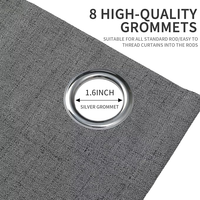 Joydeco Dark GreyCurtains for Bedroom 2 Panels Set, Faux Linen Textured 100% Blackout Curtains 2 Panels Set Thermal Insulation Drapes, Grommet Room Darkening Drapes for Living Room