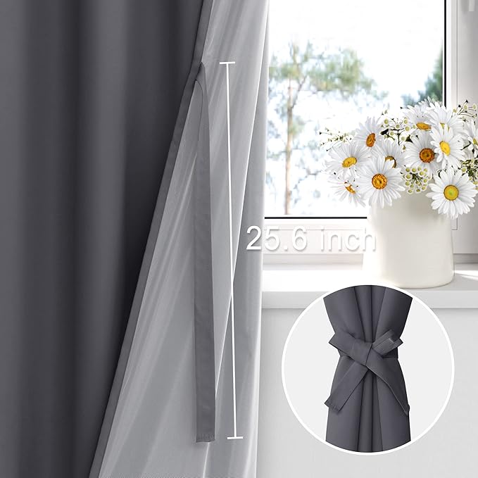 XWZO Full Shaded Blackout Curtains 63 Inches Long with Tiebacks- Heat and Light Blocking Ring Top Window Drapes with Black Liner Backing for Bedroom/Kid's Room, Dark Grey, W38 x L63, Set of 2 Panels