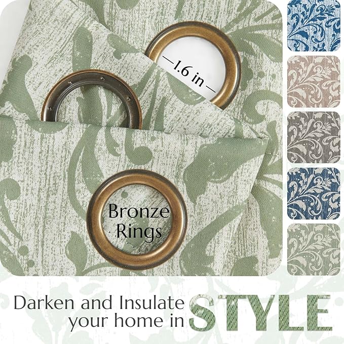 jinchan Blackout Curtains for Bedroom 84 Inches Long Green Scroll Floral Window Curtains for Living Room Farmhouse Vintage Drapes Thermal Insulated Grommet Window Treatments 2 Panels