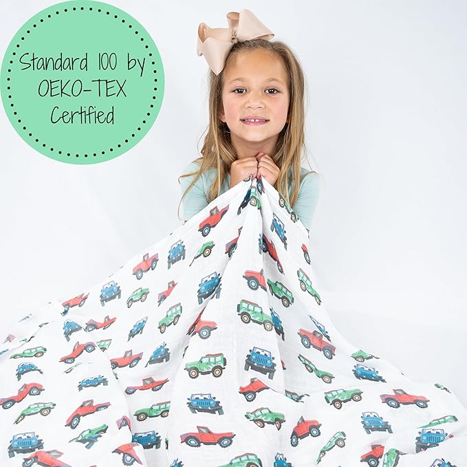 LollyBanks Muslin Swaddle Blankets, 100% Cotton Baby Boy Blanket 47 x 47 Inches, Soft Baby Swaddle Breathable, Muslin Blankets for Boys, Newborn Essentials, Registry (Vehicle Print)