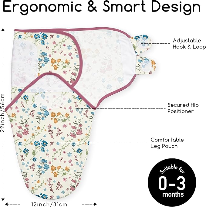 Baby Swaddles for Newborn Organic Cotton,Soft & Snug Newborn Velcro Swaddle 0-3 Months Sleep Sack Helps Calm Startle Reflex, 2-Pack Wrap Nursery Swaddling Blankets Country Floral