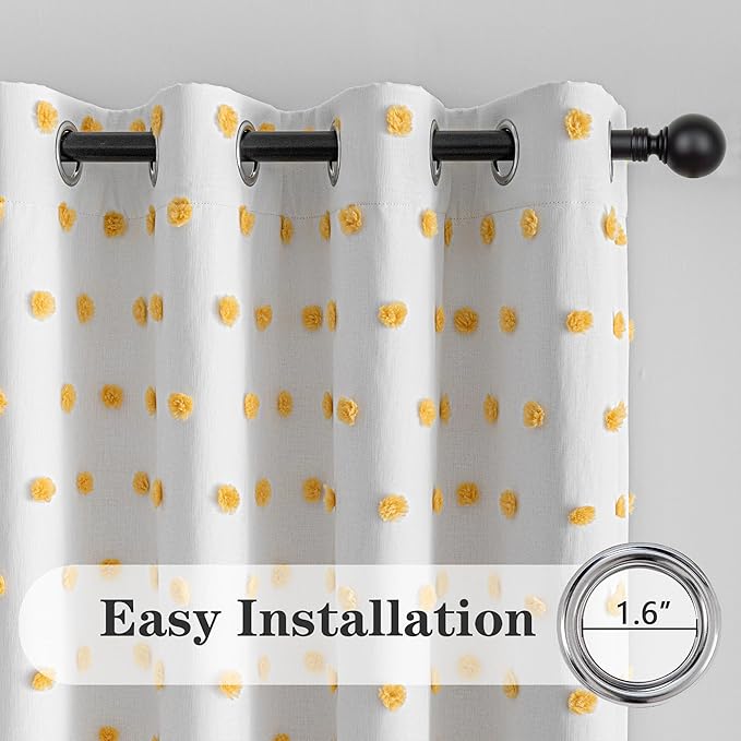 MEETSKY 100% Blackout Curtains for Living Room 90 Inches Long Total Light Blocking Nursery Curtains for Girls Room,Grommet Room Darkening Window Drapes with Yellow Pom Pom Sheer 52W x 90L, 2 Panels