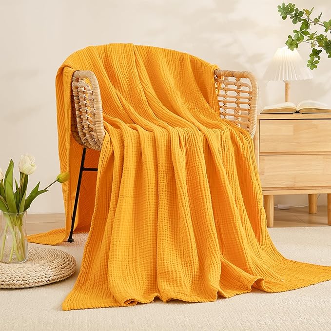 EMME Cotton Muslin King Blanket Bed Layering Breathable Gauze Blanket Soft Lightweight Blankets Adults (Mustard Yellow, 108"x90")