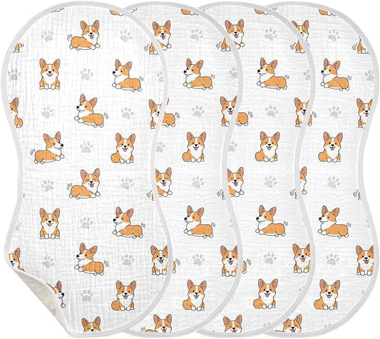 Qinllo 4 Pack Muslin Burp Cloths Cute Corgi Dogs White Cotton Baby Burp Cloths Absorbent Burping Cloth Soft Spit Up Rags for Newborn Must Haves 22x11 Inch