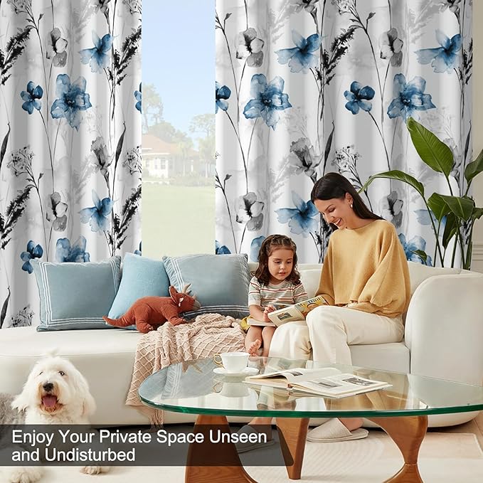 Watercolor Blue Floral Blackout Curtains for Bedroom and Living Room, Grommet Light Filtering Black Out Window Curtains 63 Inch Long 2 Panel Sets, Room Darkening Thermal Curtains for Winter Insulated