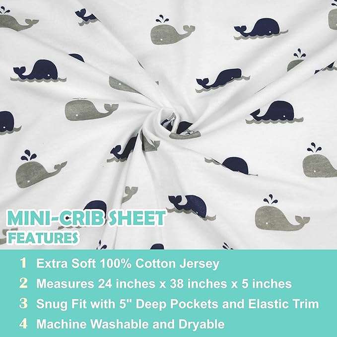 American Baby Company 2 Pack 100% Natural Cotton Fitted Mini Crib Sheets 38" x 24" - Soft & Breathable Small Nesting Portable Sheets, Fits Pack N Play Mattress, Navy Whale/Gray Zigzag, for Boy & Girl