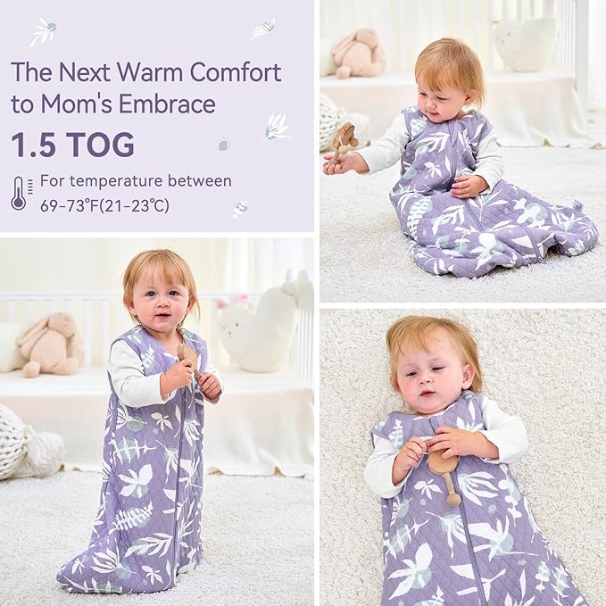 Unnivoll Baby Sleep Sack 0-6 Months 1.5 Tog Baby Wearable Blanket 100% Cotton Fabric Warm Sleeping sack with 2-Way Zipper Quilted for Infant Newborn Tog Purple Leaves
